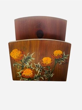 Vintage Hand-Painted Wooden Napkin or Letter Holder with Yellow Floral Design
